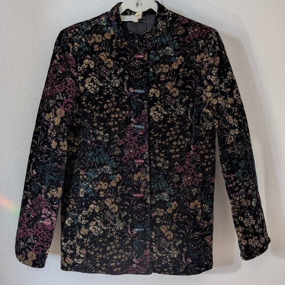 Vtg 70s Velvet Floral Jacket Dark Academia Boho Artsy Coat Botanical Witch - Picture 1 of 7